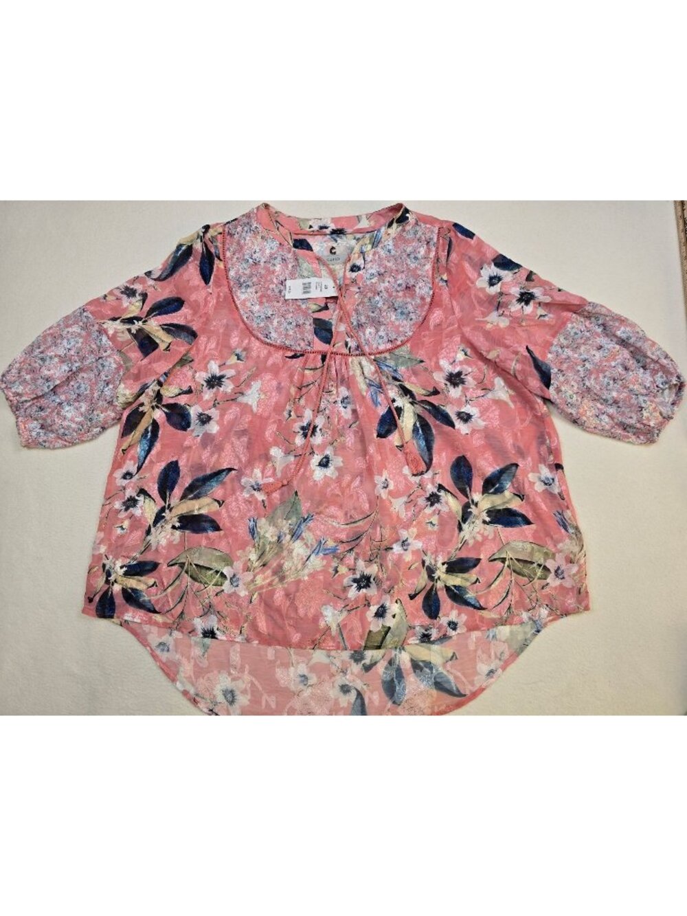 Cupio Womens 2X Floral Print Blouse Pink 3/4 Sleeves NEW Boho Cottagecore